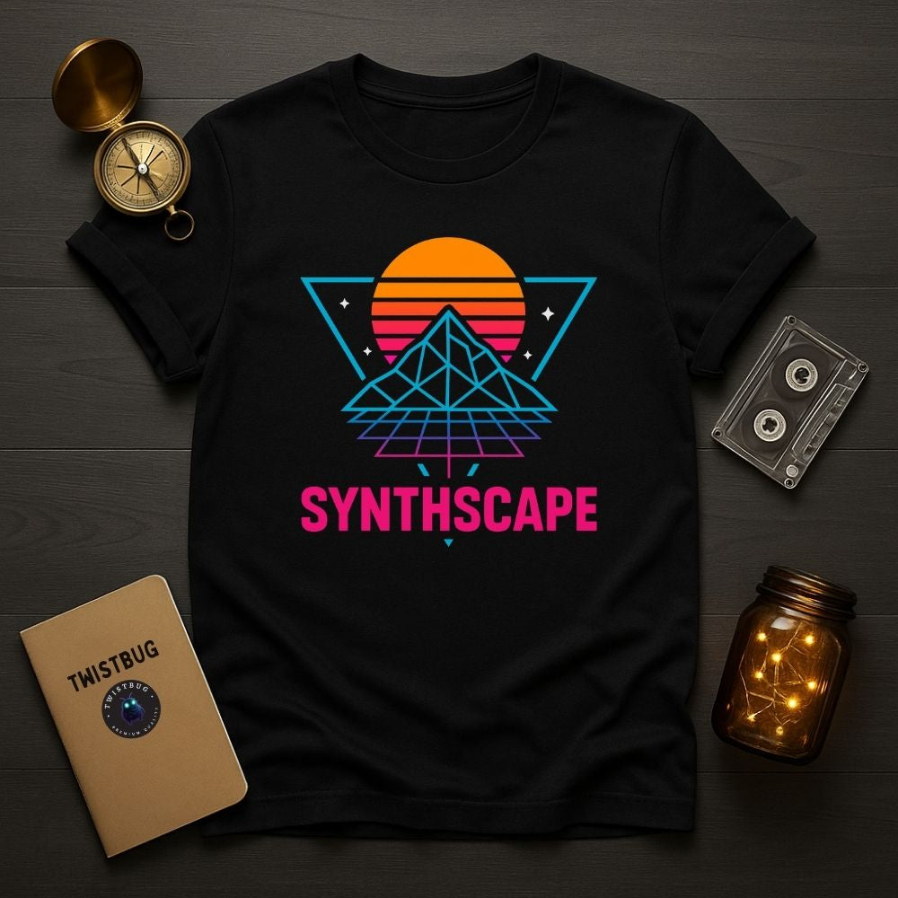 Flatlay of black Synthscape T-shirt with neon retro pyramid and sunset design, cassette tape and compass props, Twistbug synthwave apparel