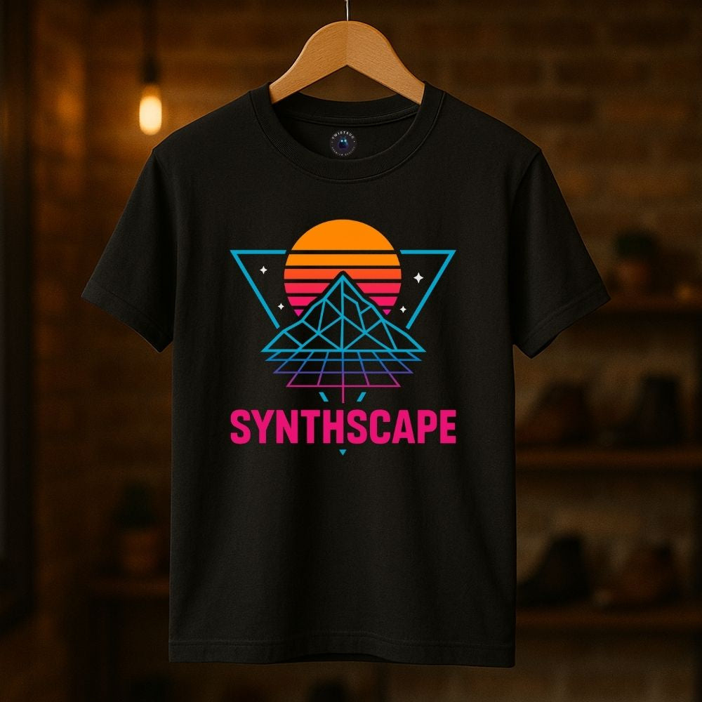 Black Synthscape T-shirt on hanger featuring neon pyramid grid and retro sunset graphic, Twistbug synthwave aesthetic clothing