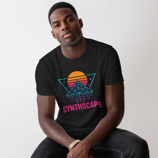 Male model wearing a black Synthscape T-shirt with retro sunset pyramid design in a clean studio setting, Twistbug retrofuturistic apparel