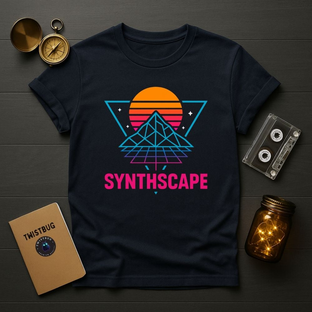 Flatlay of navy Synthscape T-shirt with neon retro pyramid and sun graphic, cassette tape and notebook props, Twistbug synthwave T-shirt