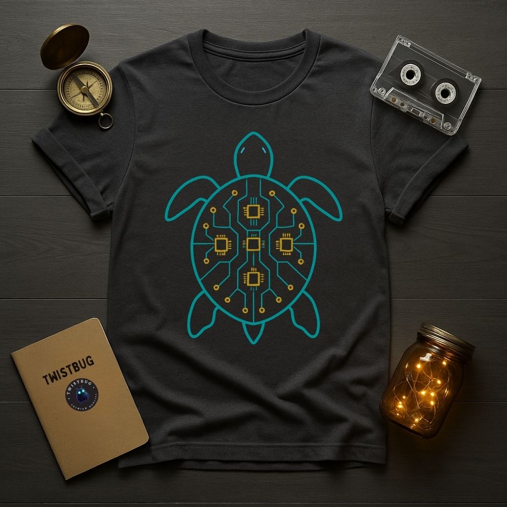 Charcoal gray turtle tech T-shirt with neon circuit art, minimal flat lay setup with vintage objects.