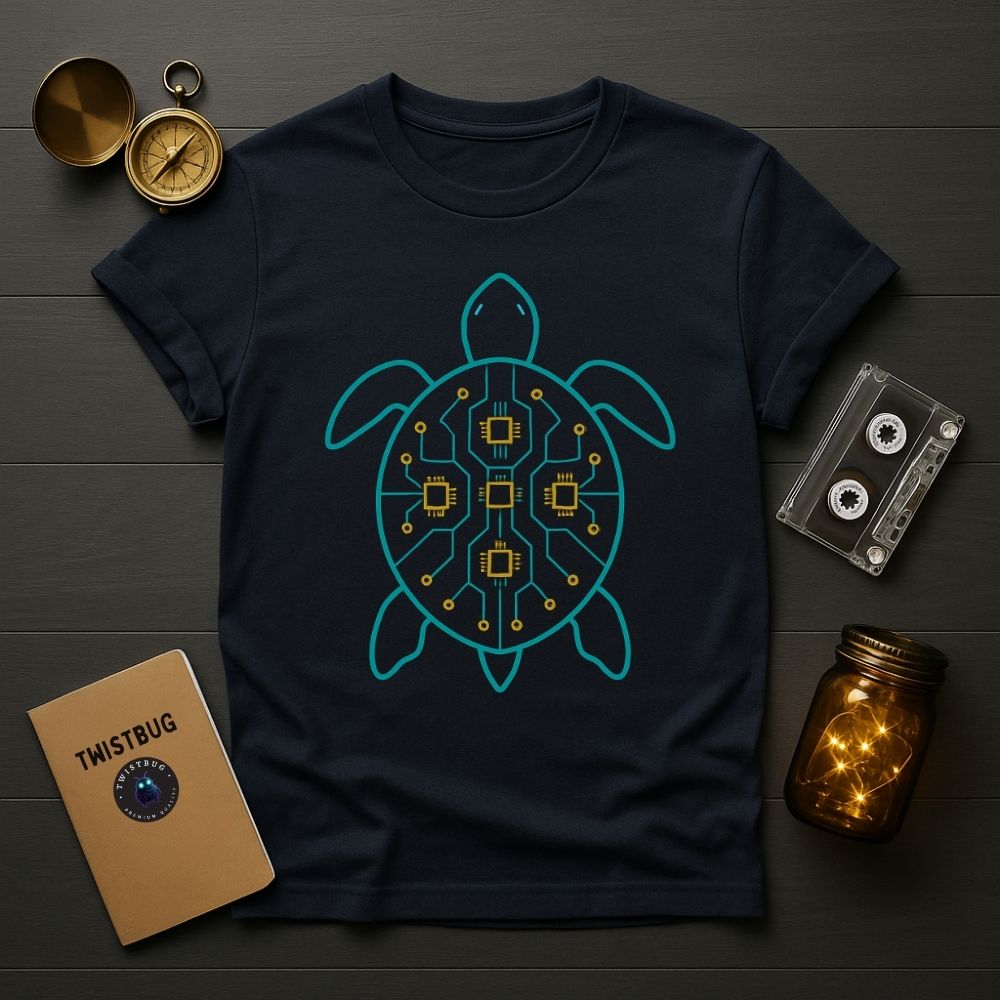 Navy blue futuristic turtle T-shirt with glowing circuit shell design and clean flat lay styling.