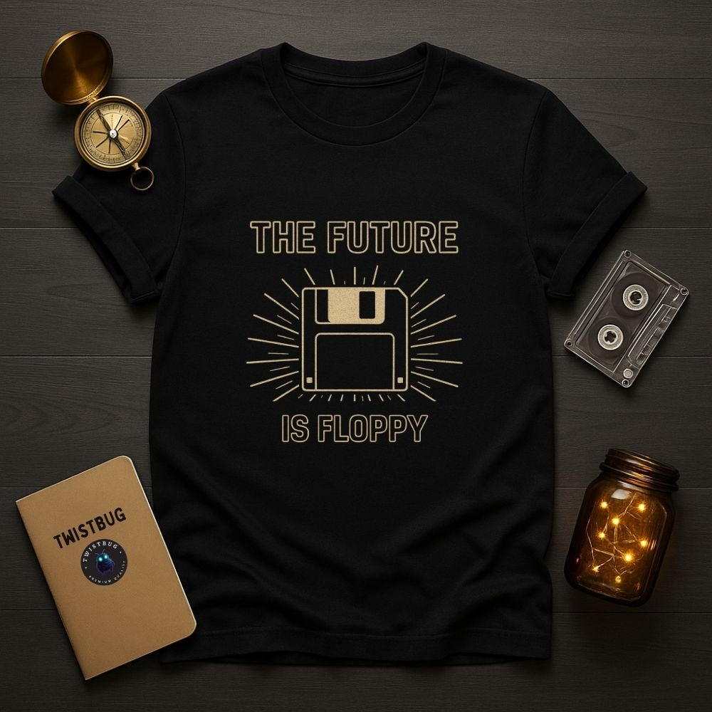 Black “The Future Is Floppy” floppy disk graphic t-shirt laid flat with cassette tape, retro journal, and warm light jar decor.
