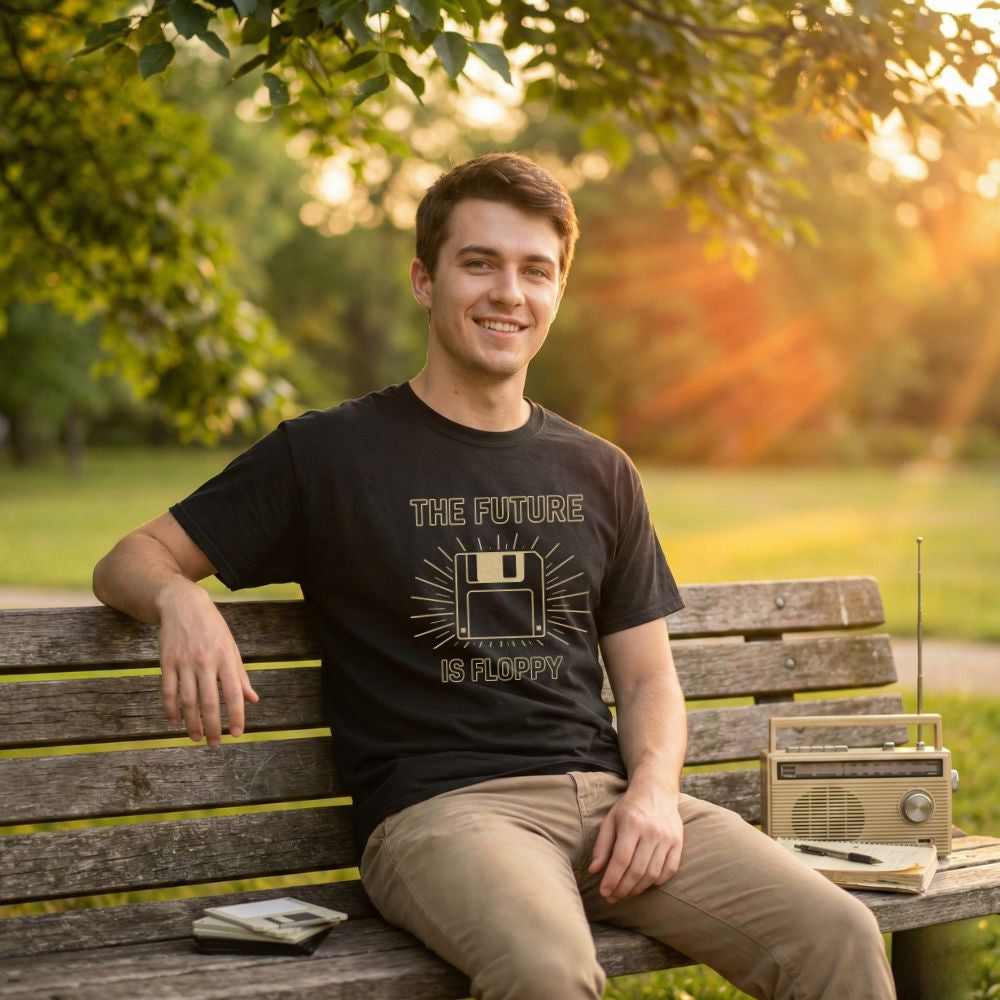 Male model wearing black “The Future Is Floppy” retro floppy disk t-shirt, sitting on a park bench with an analog radio and daylight sun rays in the background.