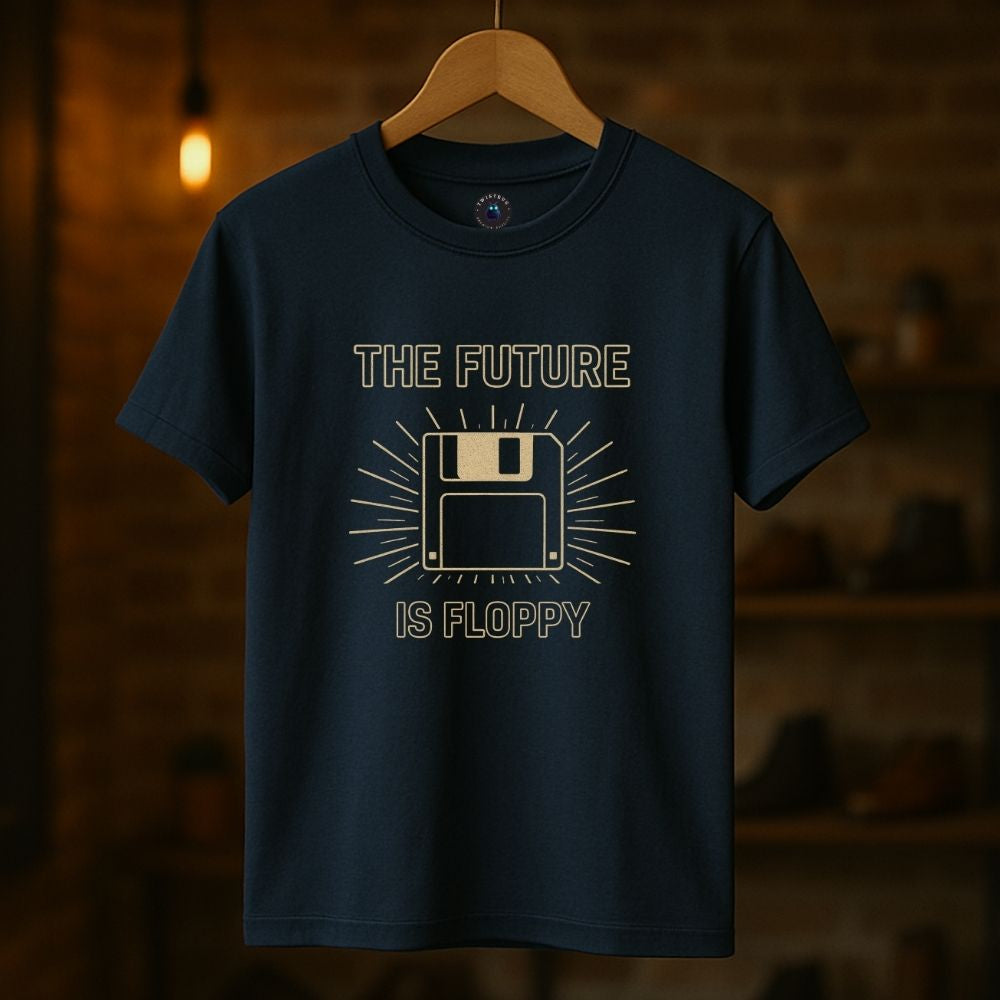 Navy t-shirt with “The Future Is Floppy” floppy disk design hanging in a warm vintage home interior with soft lighting.