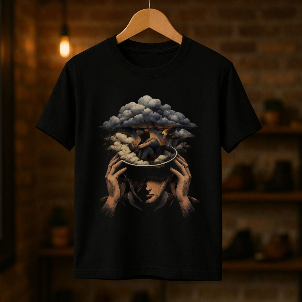 Black graphic T-shirt hanging on a wooden hanger featuring a surreal cloudy head design with the text “Trapped in My Mind” in a warm studio setting