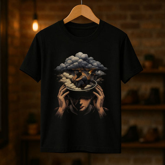 Black graphic T-shirt hanging on a wooden hanger featuring a surreal cloudy head design with the text “Trapped in My Mind” in a warm studio setting
