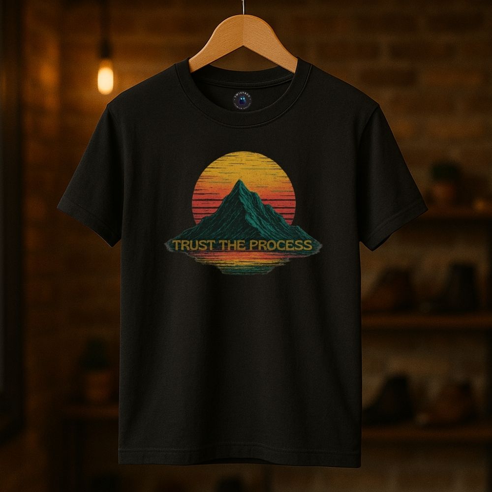 Black Twistbug T-shirt on hanger featuring “Trust the Process” mountain design with retro sunset background, boutique lighting.
