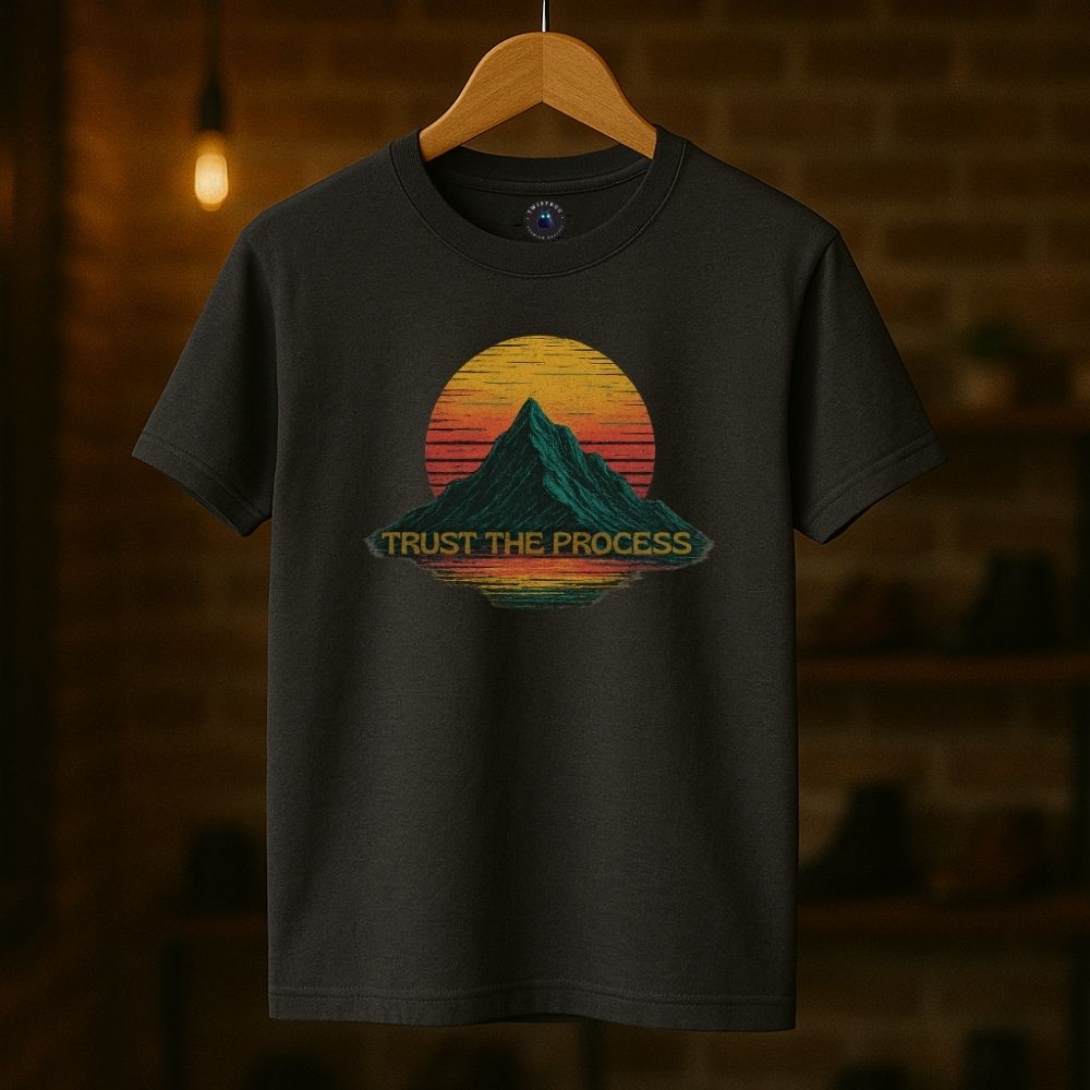 Charcoal Twistbug T-shirt with “Trust the Process” mountain and sunset design, hanging in rustic boutique.