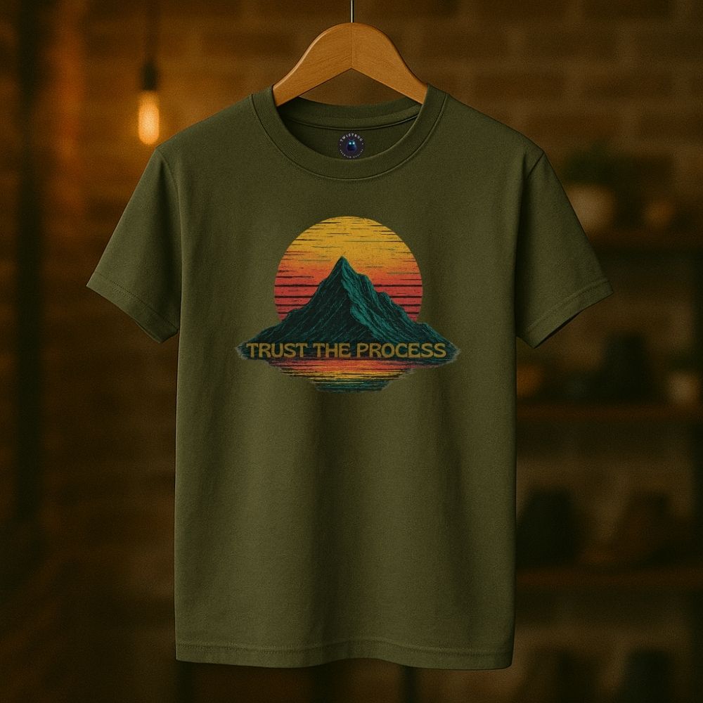 Military green Twistbug T-shirt on hanger displaying “Trust the Process” graphic with mountain silhouette and retro sun.