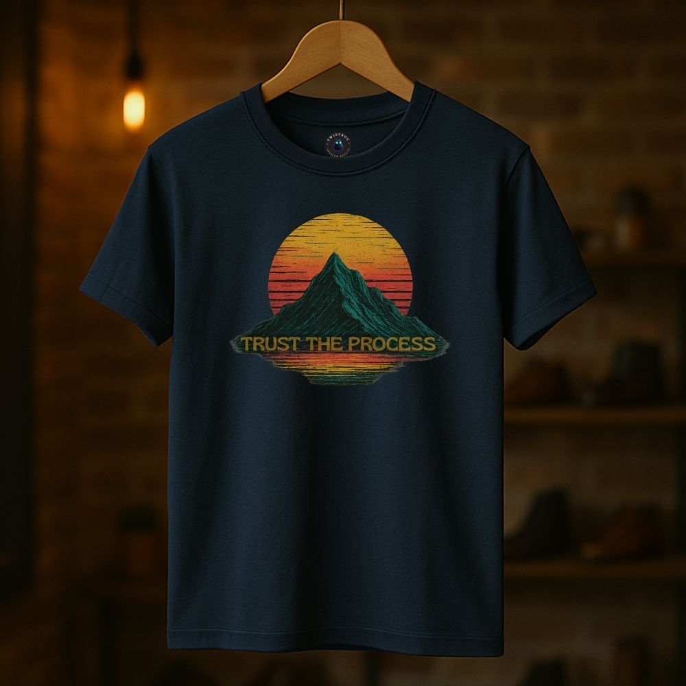 Navy Twistbug T-shirt on hanger showing “Trust the Process” retro mountain design, boutique warm lighting.
