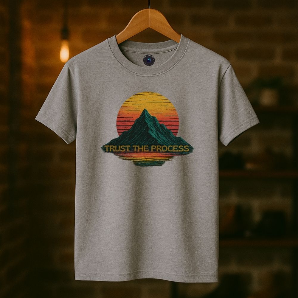 Sport gray Twistbug T-shirt on hanger with “Trust the Process” vintage mountain design, boutique background.