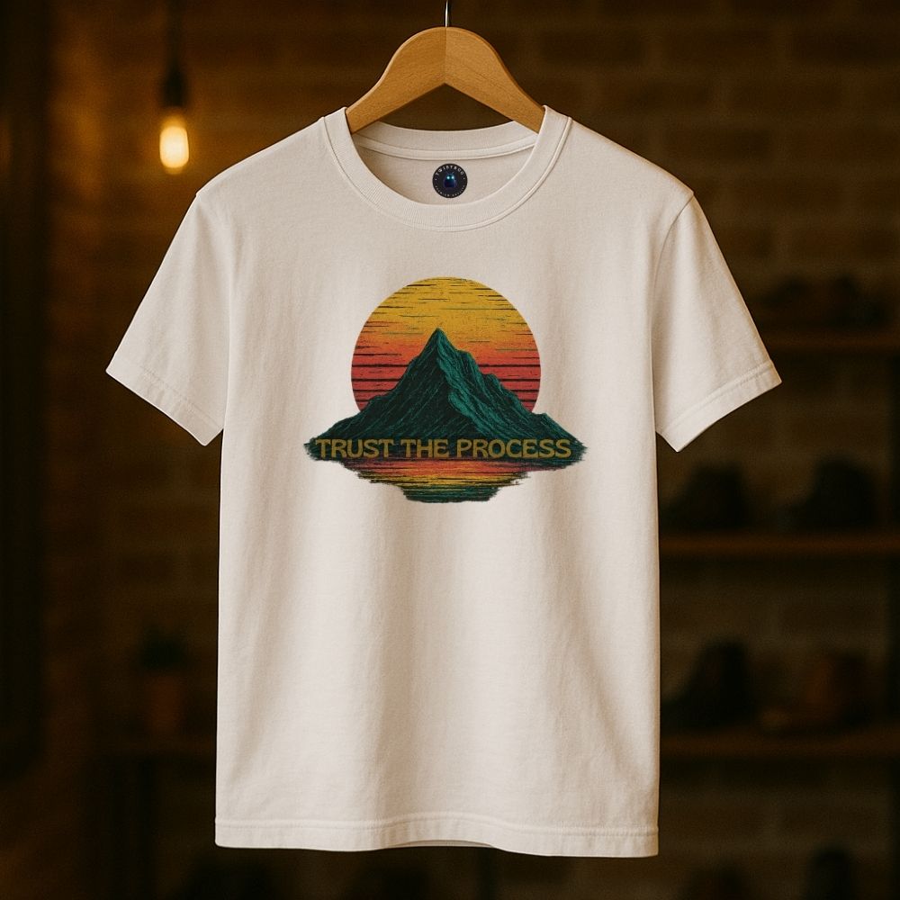 White Twistbug T-shirt featuring “Trust the Process” graphic of mountain and retro sun, hanging in warm boutique lighting.