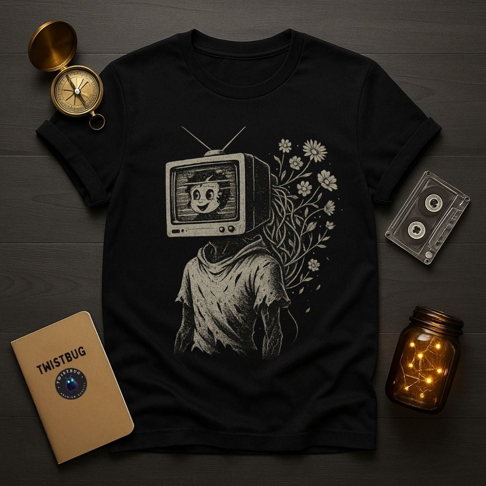Black Twistbug graphic T-shirt with a retro television head and floral illustration, laid flat with vintage props