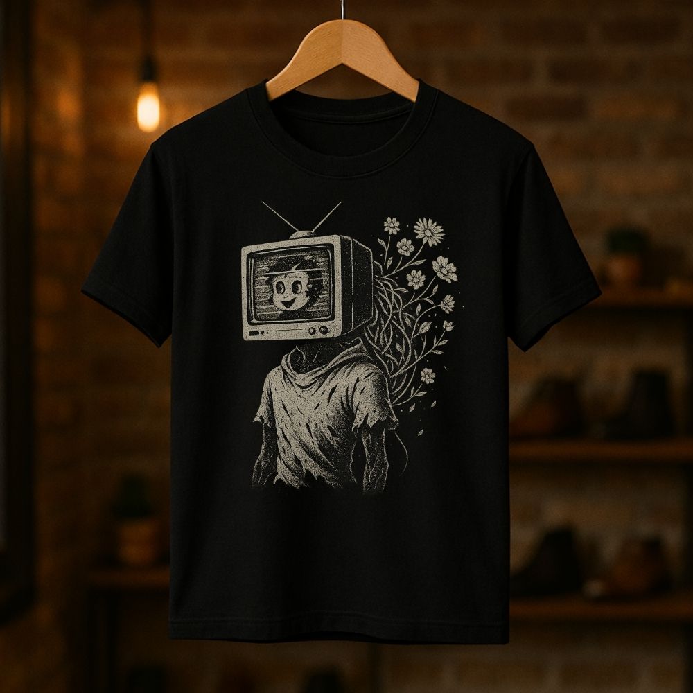 Black Twistbug graphic T-shirt on a hanger with a surreal TV head character and floral design