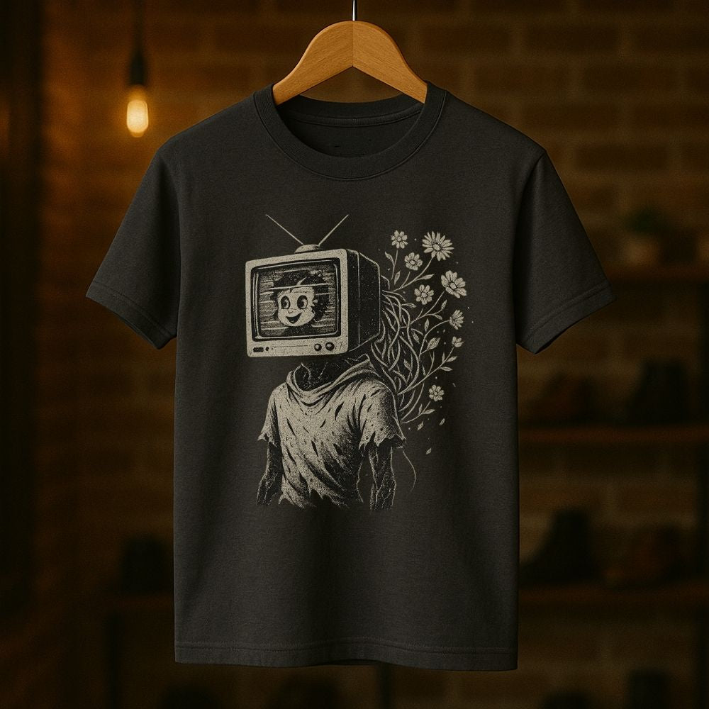 Charcoal gray Twistbug T-shirt featuring a surreal TV head and flower design in a moody studio setting
