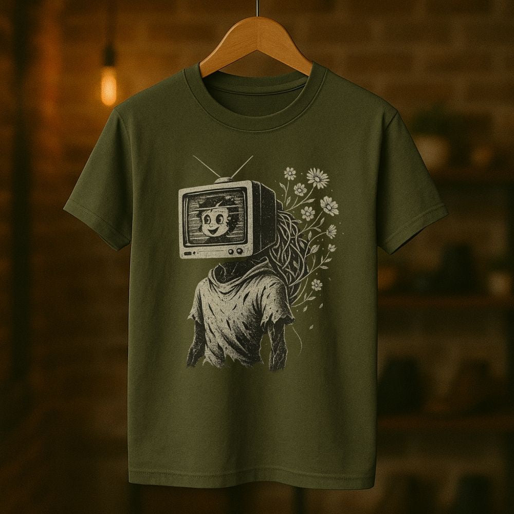 Military green Twistbug T-shirt with a vintage TV head illustration and floral artwork, displayed on a hanger