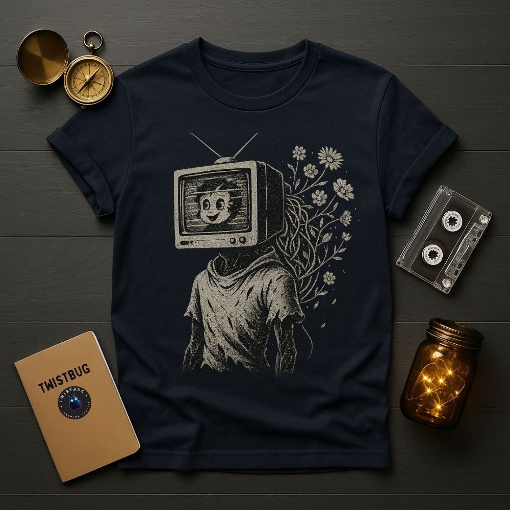 Navy blue Twistbug T-shirt featuring a retro television head character with flowers growing from it, flat lay with cassette and compass