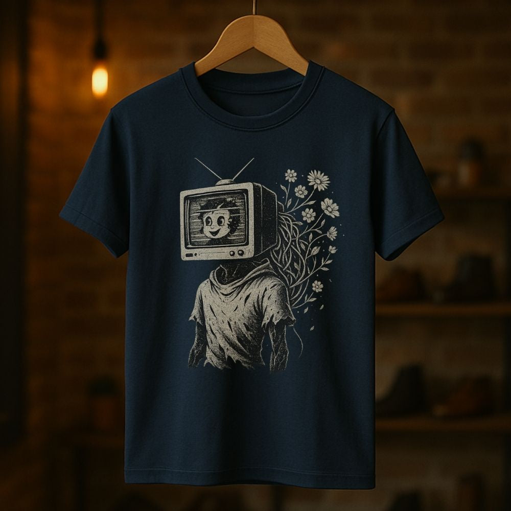 Navy Twistbug T-shirt hanging in a warm studio setting with a retro TV head and blooming flowers graphic