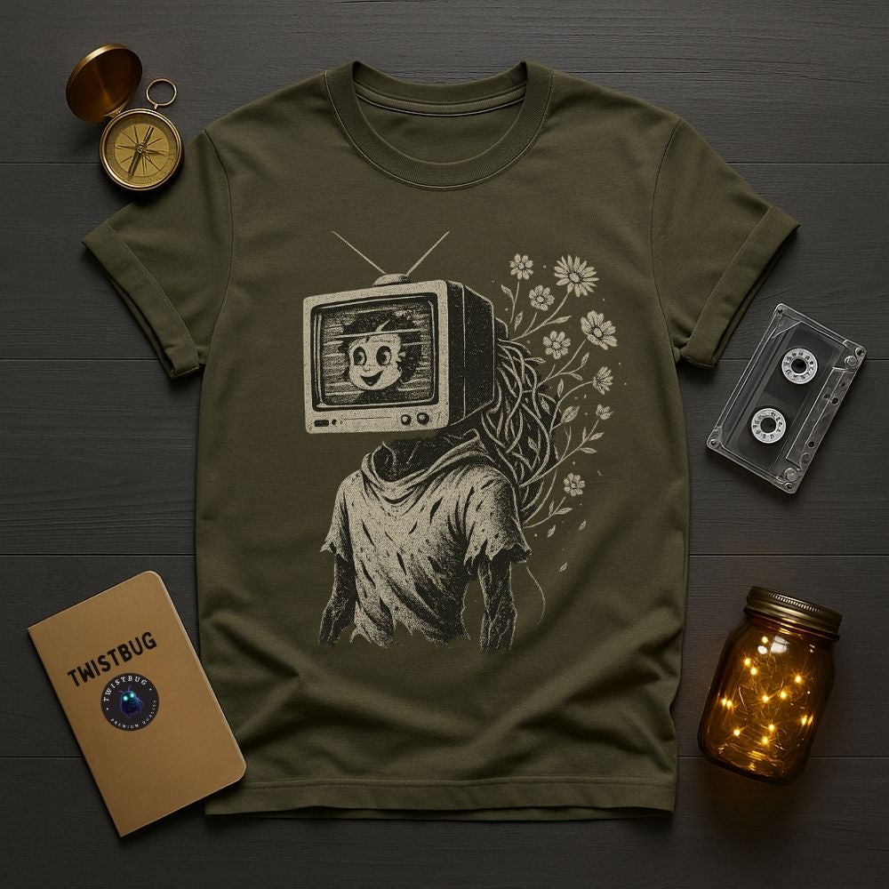 Military green Twistbug graphic T-shirt with a retro TV head figure and blooming flowers, laid flat with vintage props