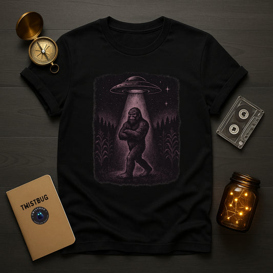 Black graphic tee with retro UFO beaming up Sasquatch illustration; Twistbug limited edition.