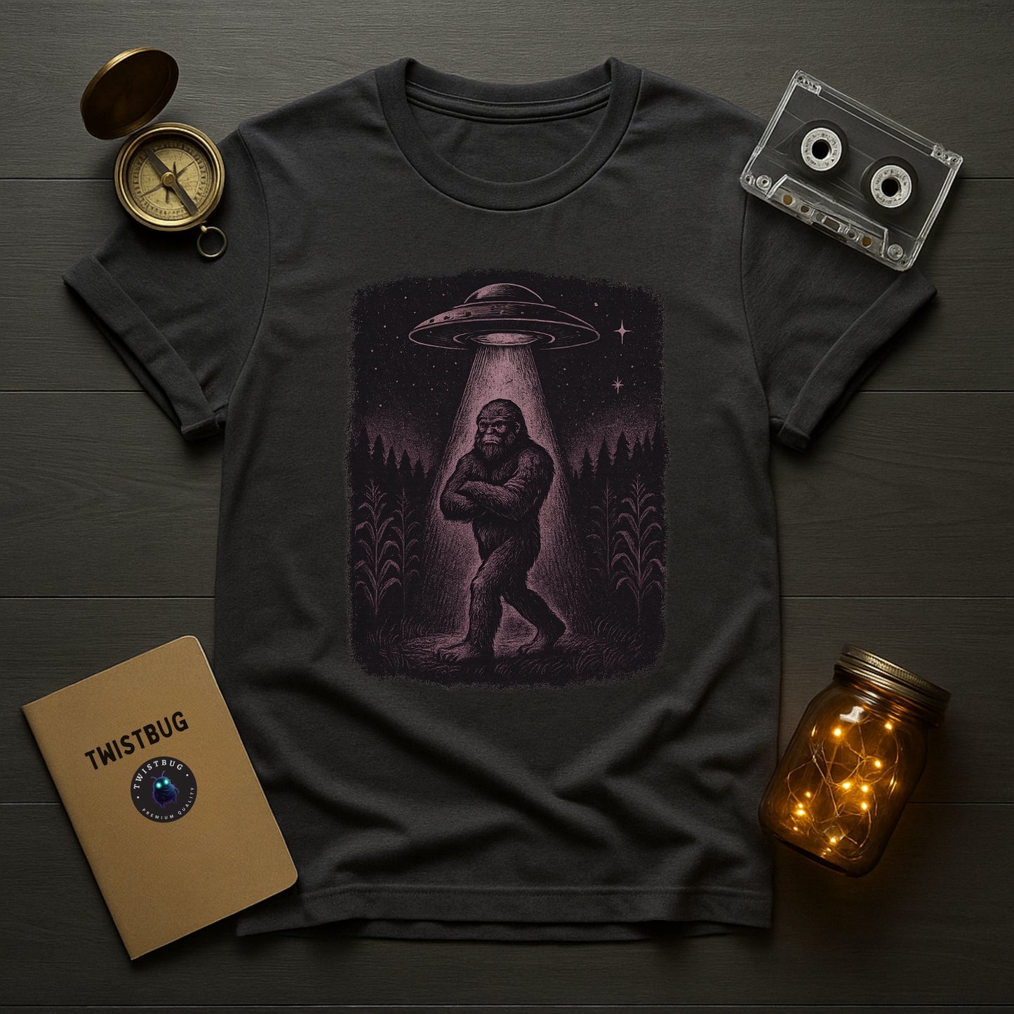Black t-shirt with a graphic design of a UFO and Bigfoot, placed on a wooden surface with a notebook, compass, and jar.