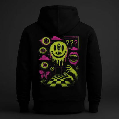 Back view of black hoodie with neon surreal smile and abstract weirdcore symbols