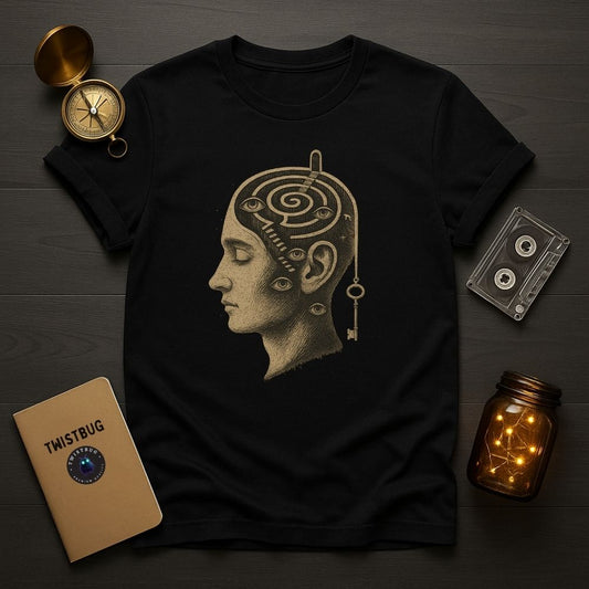 Flat lay of black “Unlocked Mind” T-shirt on dark desk with compass, notebook, and cassette tape, surreal golden head design.