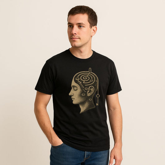 Male model wearing black “Unlocked Mind” T-shirt featuring surreal golden head design with spirals, eyes, and a hanging key.