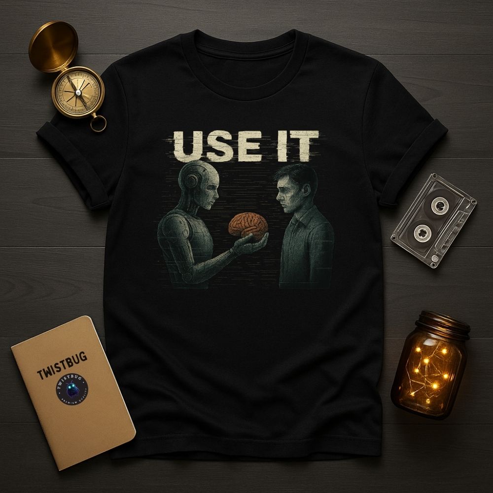 Black T-shirt featuring a robot offering a brain to a human with the phrase “USE IT,” styled on a wooden background.