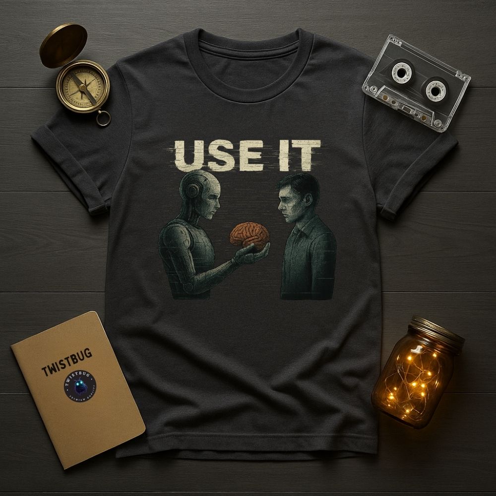 Charcoal gray AI-themed T-shirt showing robot and human with brain illustration, modern flat-lay setup.