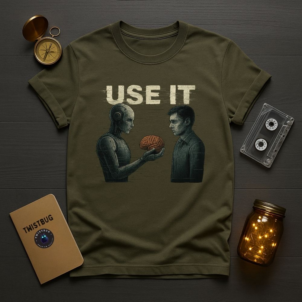 Military green T-shirt with futuristic AI and human brain design and bold text “USE IT.”