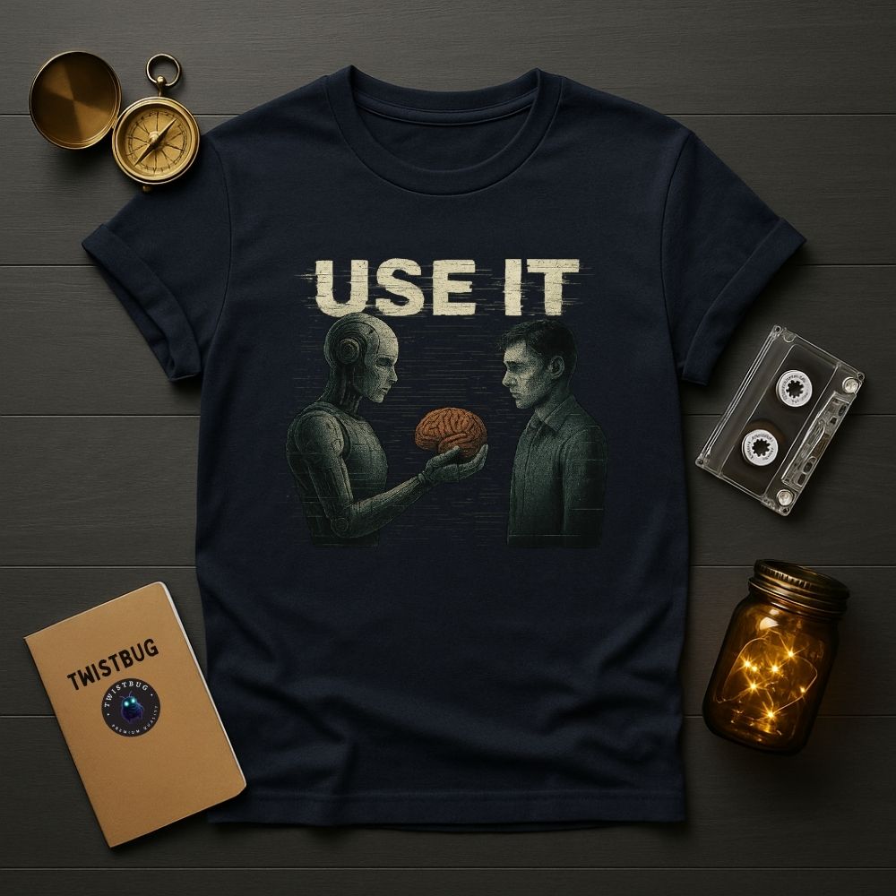 Navy T-shirt with a dystopian AI vs human concept artwork showing robot handing over brain, labeled “USE IT.”