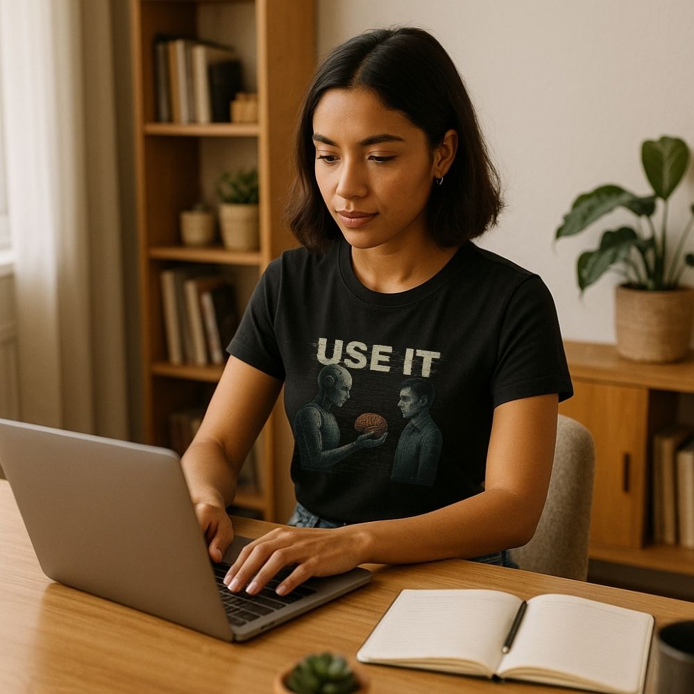 Woman working on a laptop wearing Twistbug black t-shirt reading ‘USE IT’ with a robot handing a brain to a person, cozy home office.