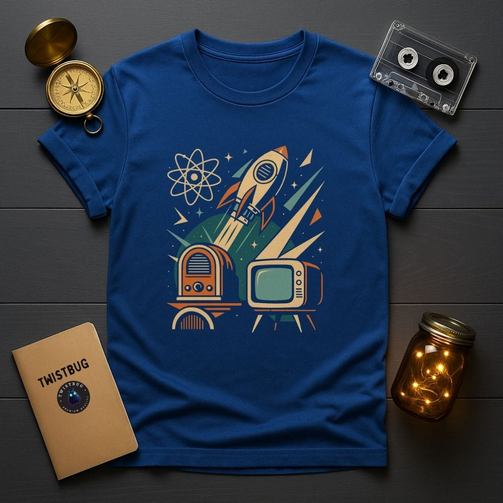 Royal blue retro technology rocket launch T-shirt flatlay with cassette tape, compass, and decorative LED jar.