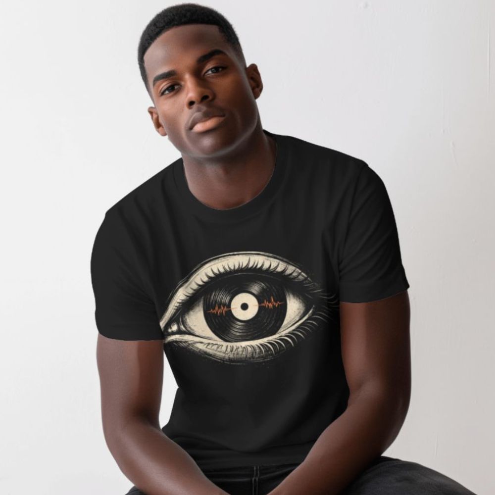 Person wearing a black t-shirt with an eye design on a plain background