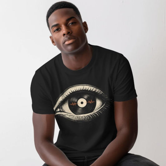 Person wearing a black t-shirt with an eye design on a plain background