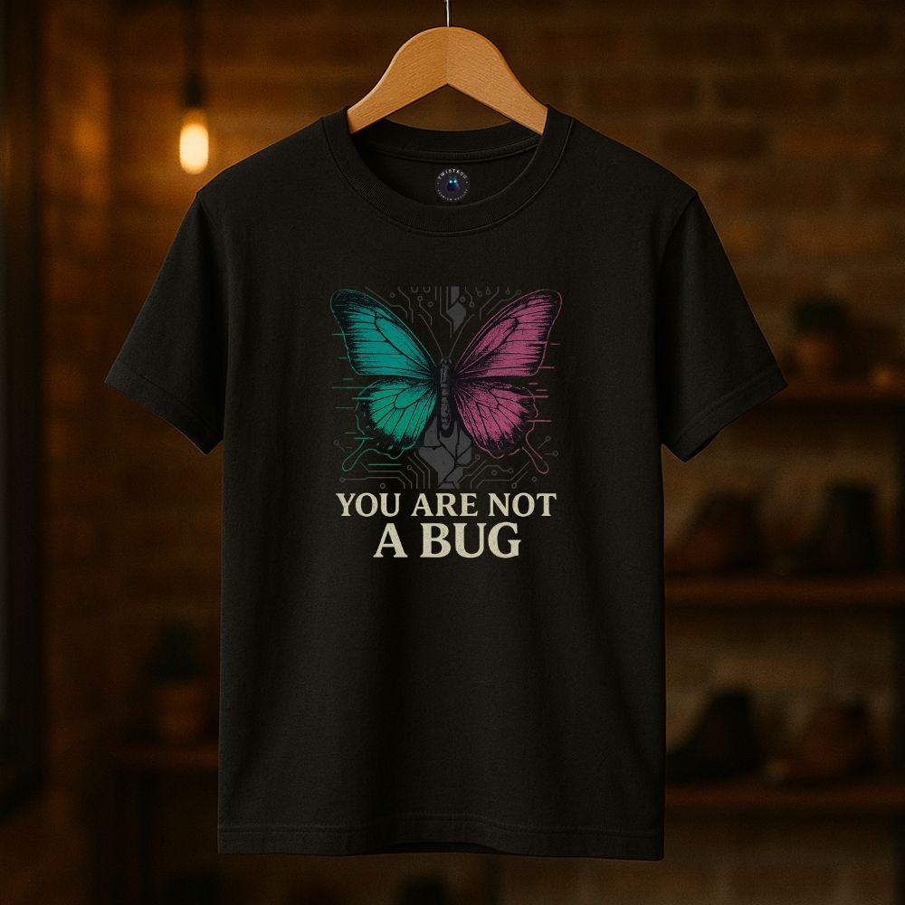 Black Twistbug T-shirt on hanger with cyber butterfly design and “You Are Not a Bug” text, cozy boutique ambiance.
