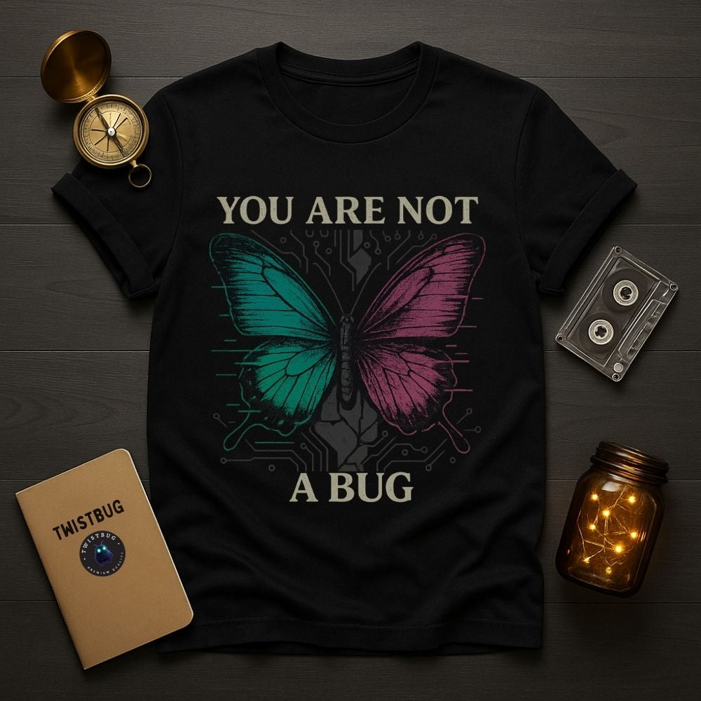 Black Twistbug graphic T-shirt with a cyberpunk butterfly and the phrase you are not a bug, flat lay with vintage props
