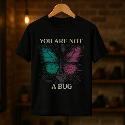 Black Twistbug T-shirt on a hanger with a cyber butterfly and the words you are not a bug