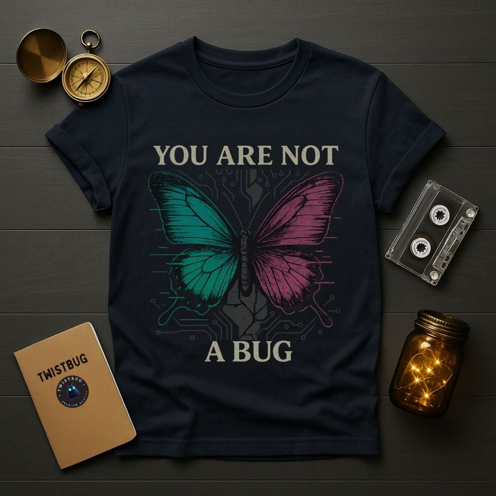 Navy blue Twistbug T-shirt featuring a neon butterfly and you are not a bug slogan, laid flat with cassette and compass