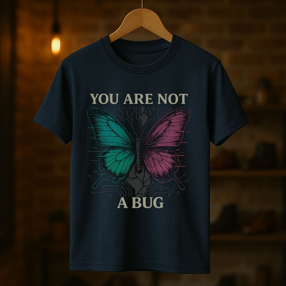 Navy Twistbug graphic T-shirt hanging in a warm studio with a digital butterfly and you are not a bug message