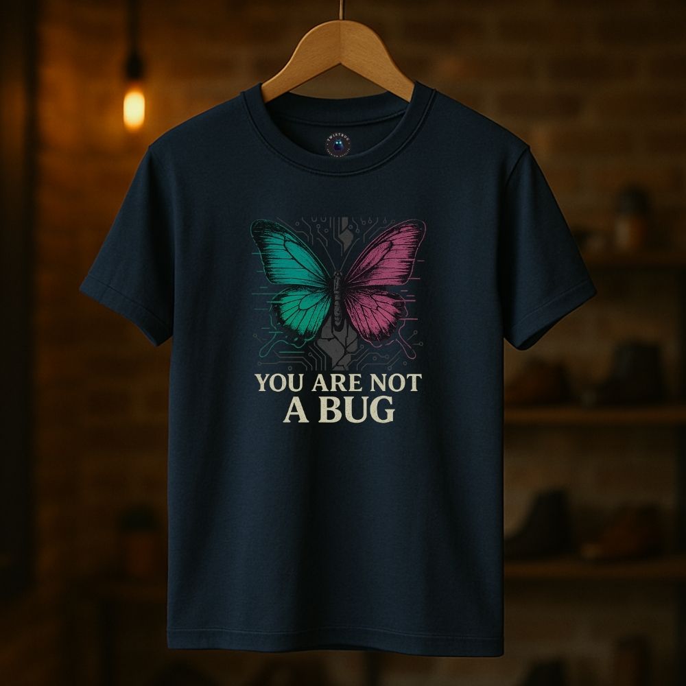 Navy T-shirt on hanger showing digital butterfly artwork and quote “You Are Not a Bug,” warm boutique setting.