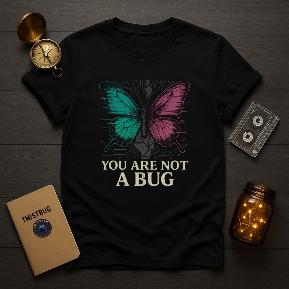 Flat lay of black Gildan 64000 T-shirt with teal and magenta cyber butterfly and text “YOU ARE NOT A BUG,” surrounded by compass, notebook labeled Twistbug, cassette, and jar of fairy lights on dark wood surface.