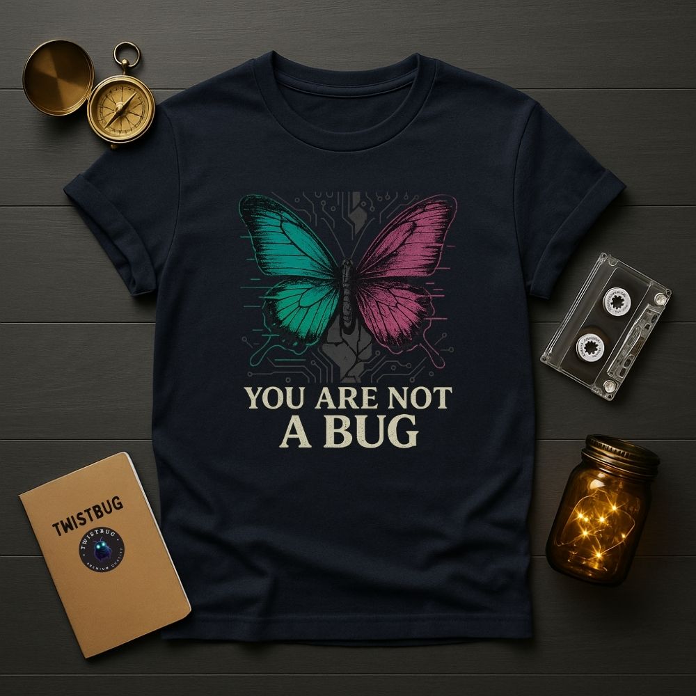 Flat lay of navy Gildan 64000 T-shirt with teal and magenta cyber butterfly and text “YOU ARE NOT A BUG,” surrounded by compass, Twistbug notebook, cassette, and glowing jar lights on dark wood surface