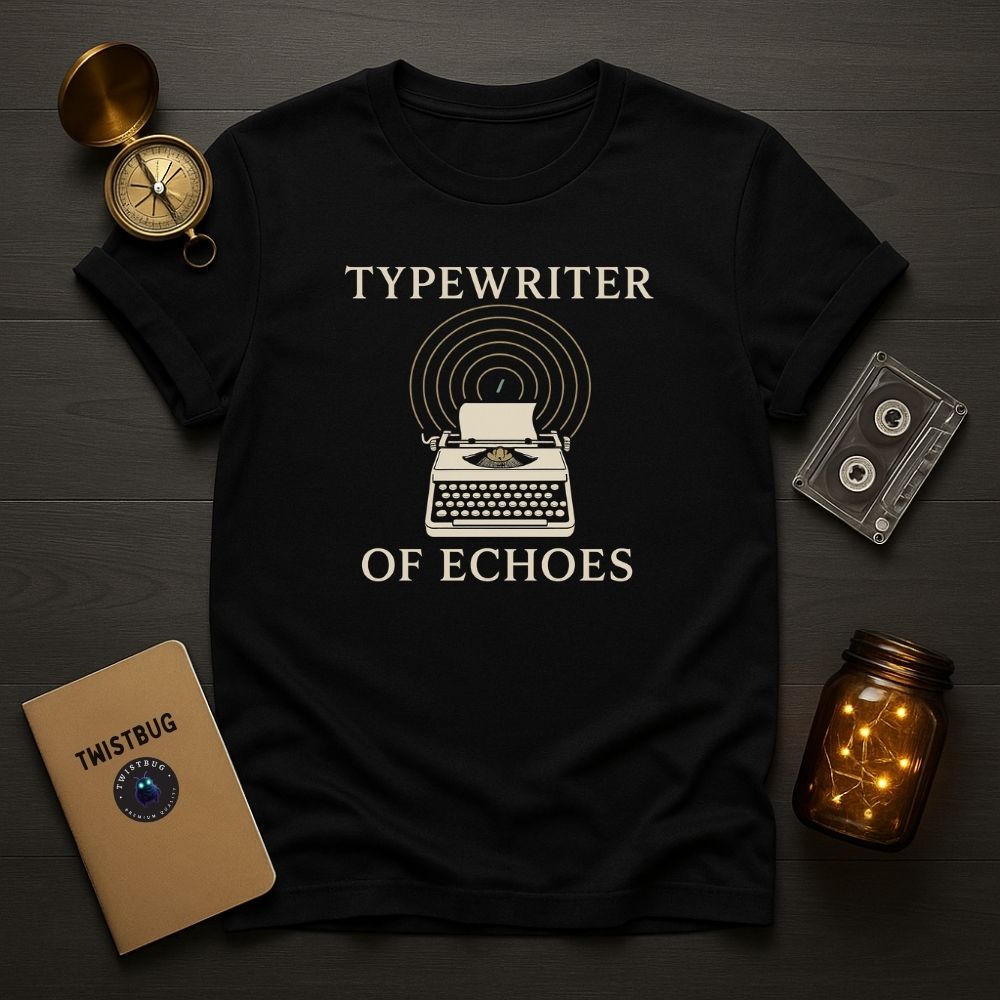 Black “Typewriter of Echoes” T-shirt flat lay with typewriter graphic and creative props.