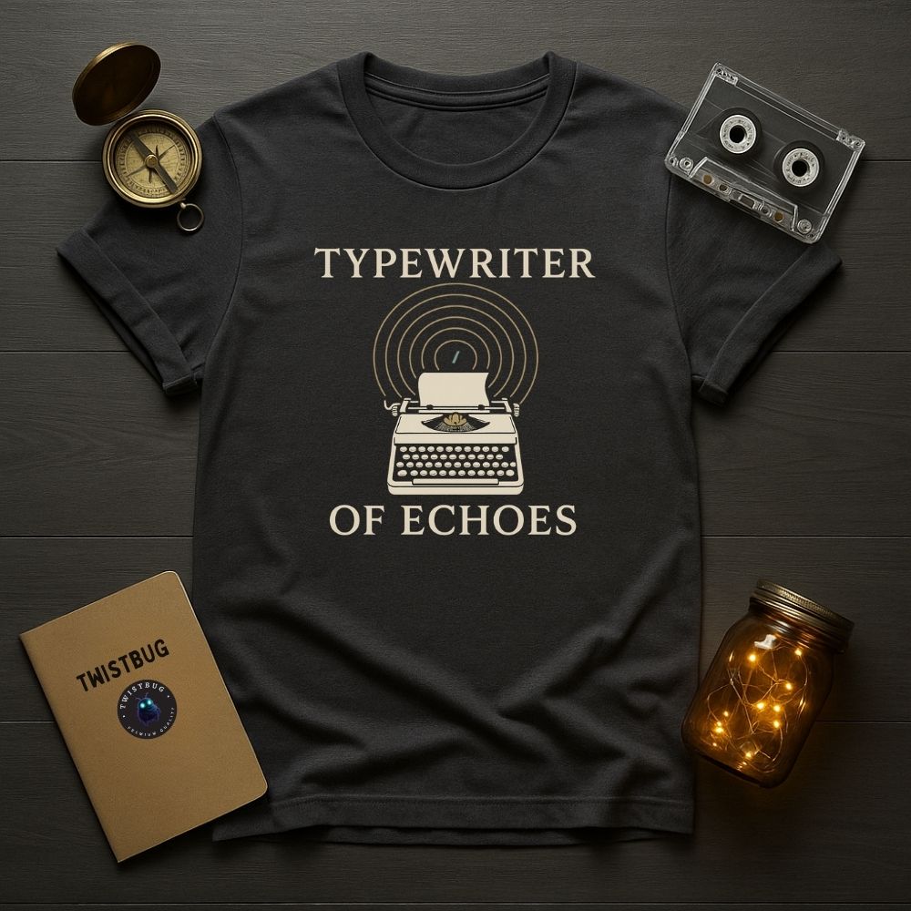 Charcoal retro writer T-shirt with minimalist design and cassette prop
