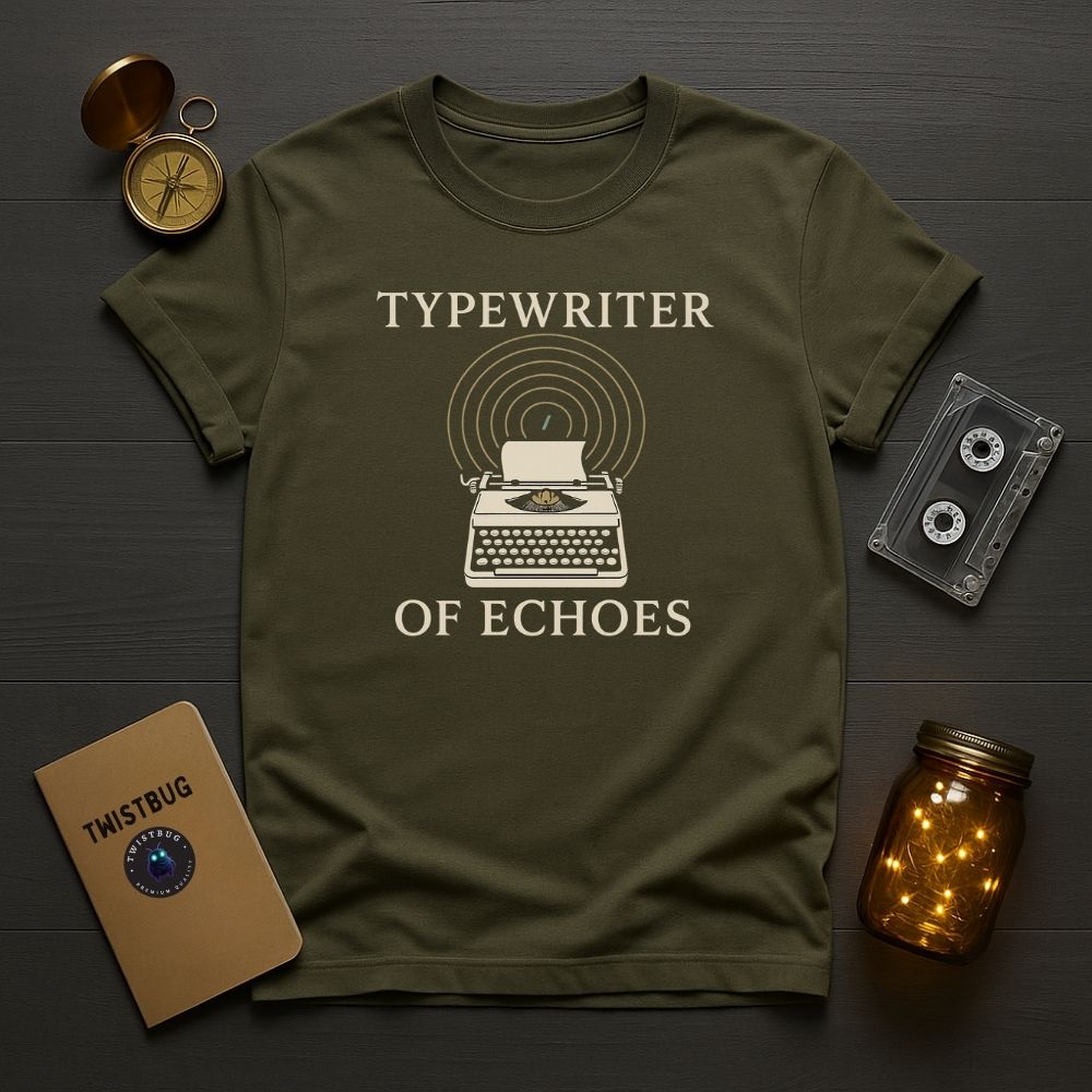 Military green vintage typewriter shirt, nostalgic writer’s vibe.