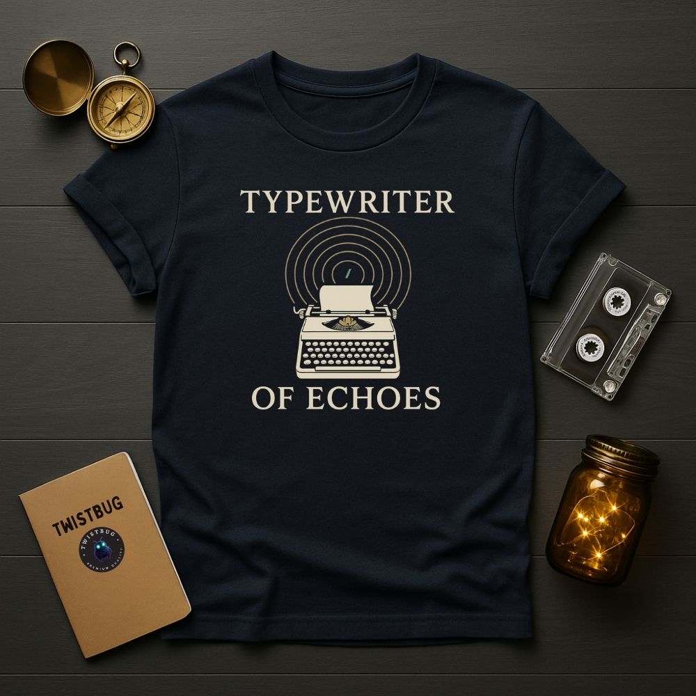 Navy creative writing T-shirt with glowing jar and cassette flat lay.