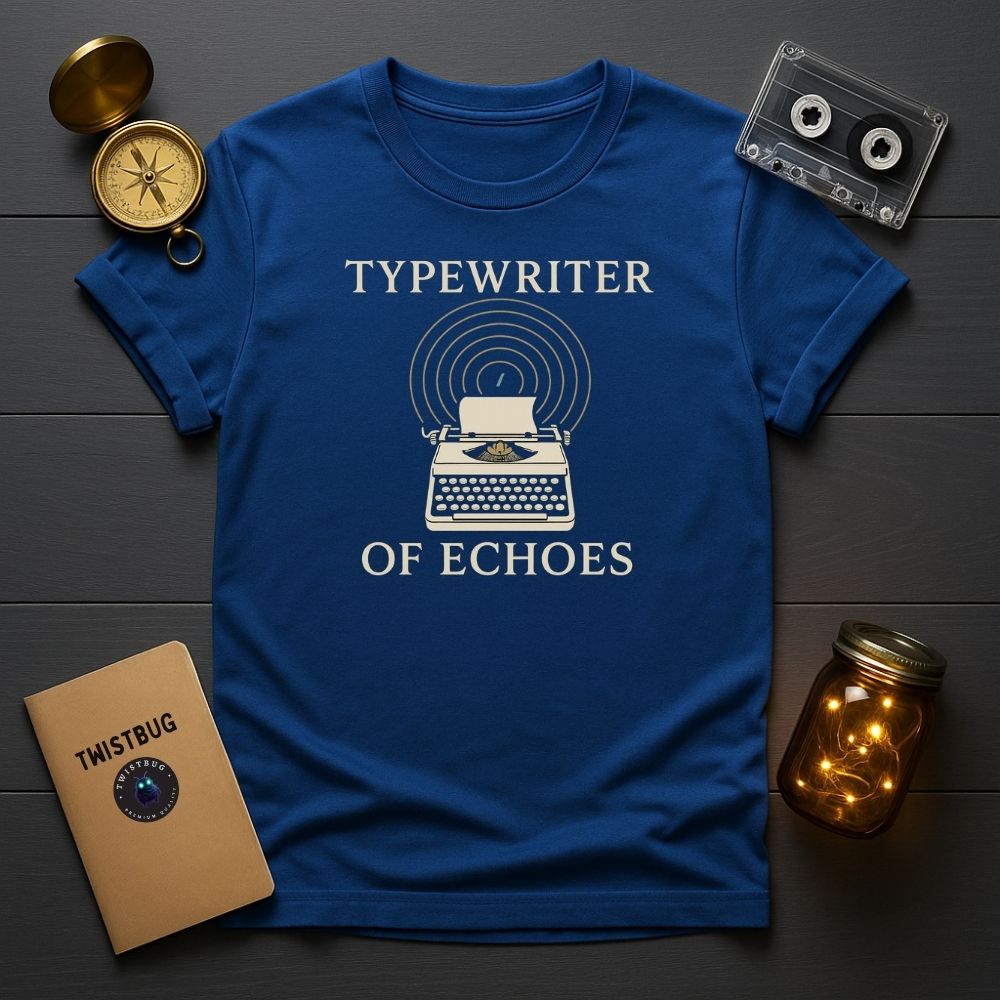 Royal blue “Typewriter of Echoes” tee for authors and poets.